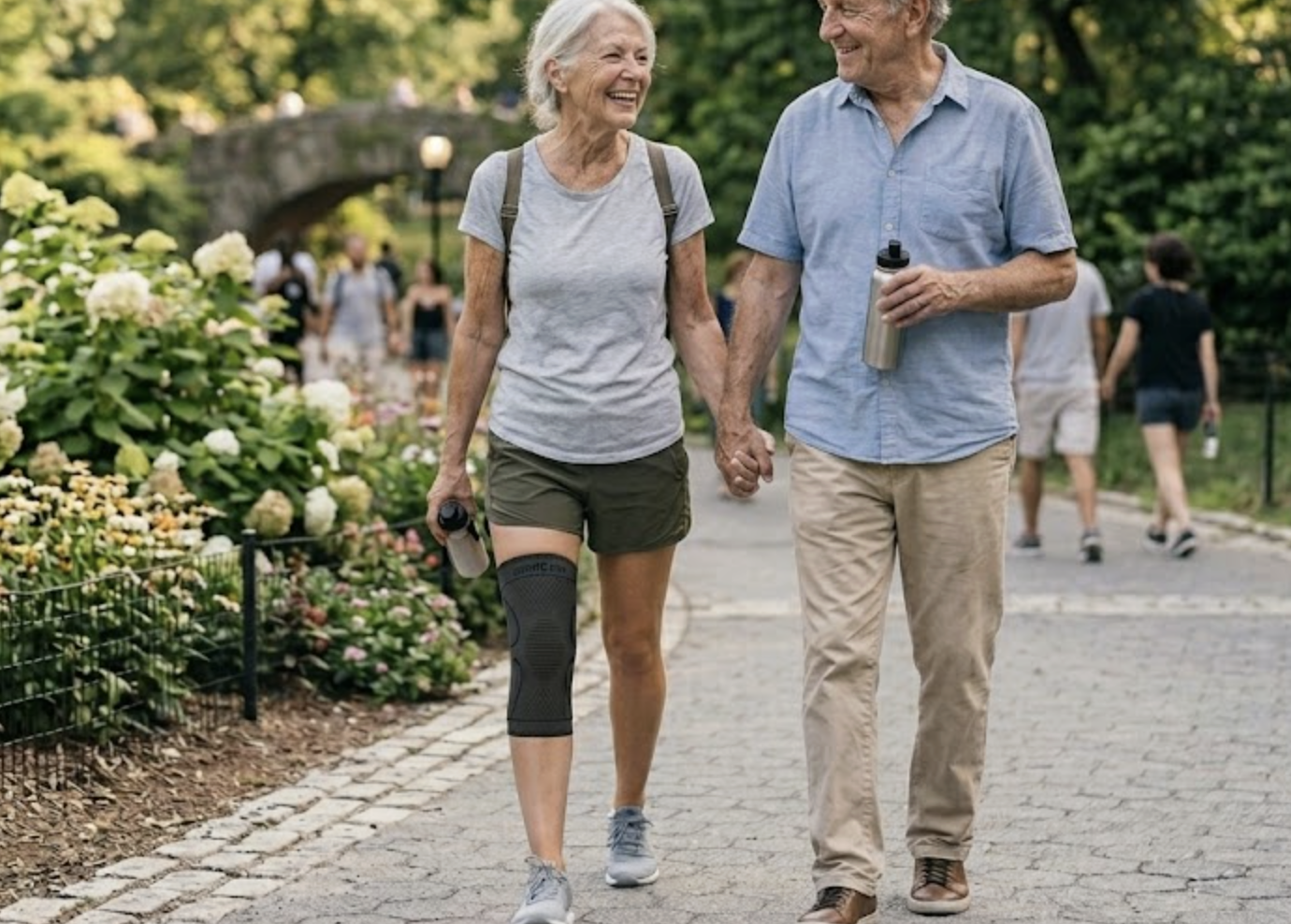 Pareja caminando en el parque, uno usa Suavelle